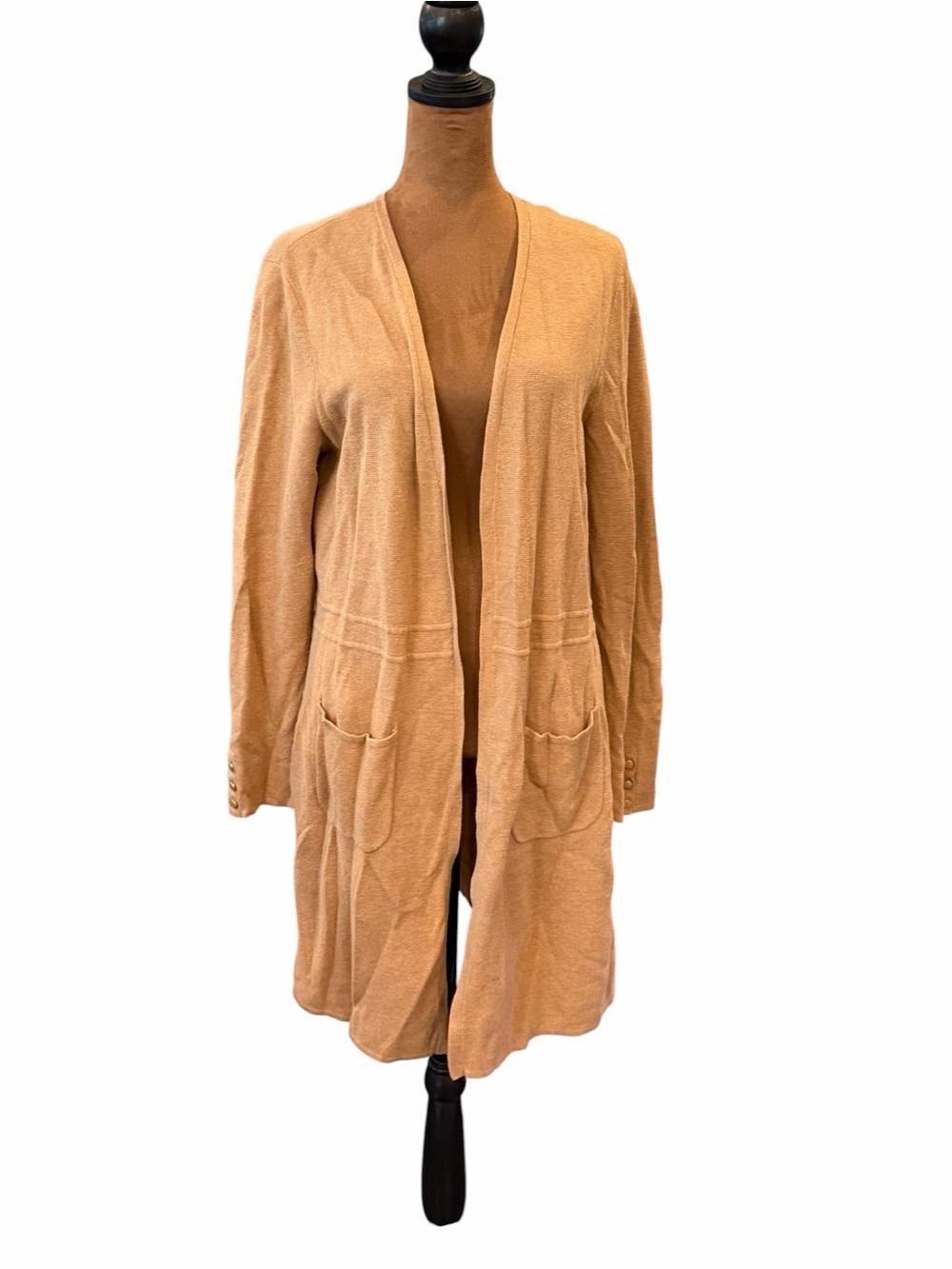 Talbots Long Cardigan Camel Tan Open‎ Front Long Sleeve Pockets Size Medium